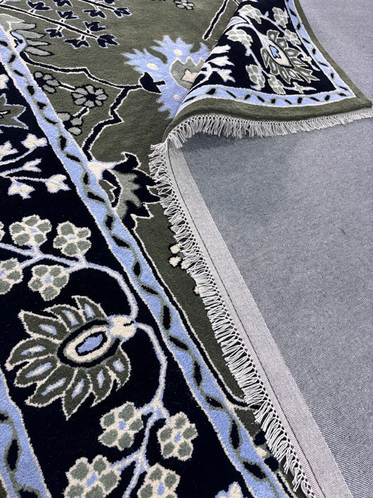 Hand Knotted Olive Green Oushak Rug, Navy Blue Border Wool Rug, Turkish Style Floral Carpet, Sage Sky Blue Living Room Bedroom Rug