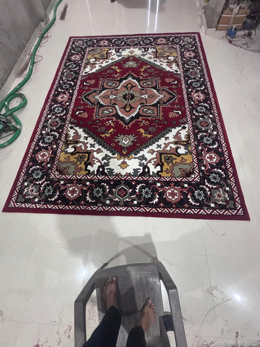 Traditional Persian Style Area Rug, Red Burgundy Medallion Carpet, Oriental Vintage Pattern Rug, Ivory Navy Floral Border, Living Room Rug