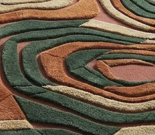 Terracotta Green Textured Area Rug, Abstract Wave Pattern Carpet, Hand Tufted Wool Rug with Fringe, Earthy Boho Living Room Decor